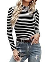Aottori Oberteile Damen Rollkragen Langarmshirt Elegant Rollkragenpullover Langarm T-Shirt Einfarbig Tops Slim Fit Casual für Herbst Winter Schwarz Streifen L