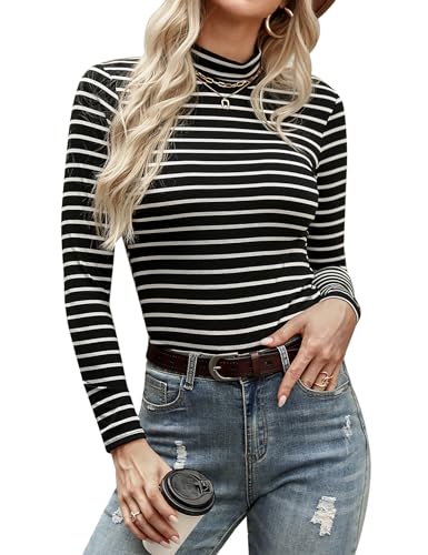 Aottori Damen Rollkragenpullover Langarm Thermo Rollkragen Oberteile Elegant Langarmshirt Warm T-Shirt Einfarbig Tops Slim Fit Casual für Herbst Winter Schwarz Streifen S
