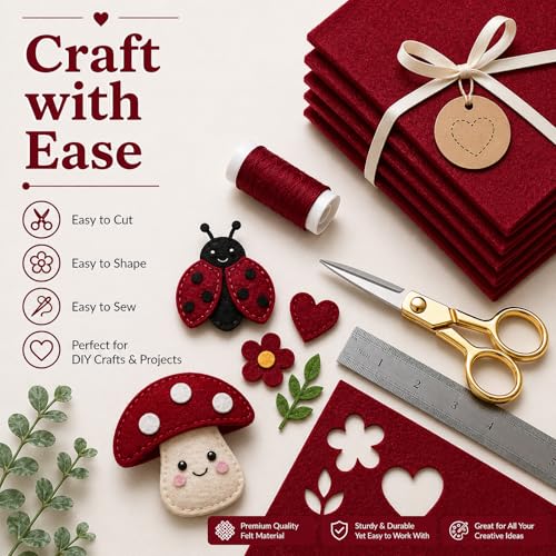 Image of Wine Red Large Felt Fabric 36 inch x 36 inch (1 Square Yard), 1mm Stiff Felt Sheet, Nonwoven Fabric for Crafts, DIY Projects, Art, Sewing, Lining & Decorations
