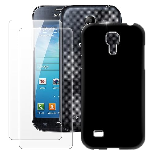 MILEGAO Samsung Galaxy S4 Mini Case + 2PCS Screen Protector Tempered Glass, Ultra Thin Bumper Shockproof Soft TPU Silicone Cover for Samsung Galaxy i9190 (4.3”) Black