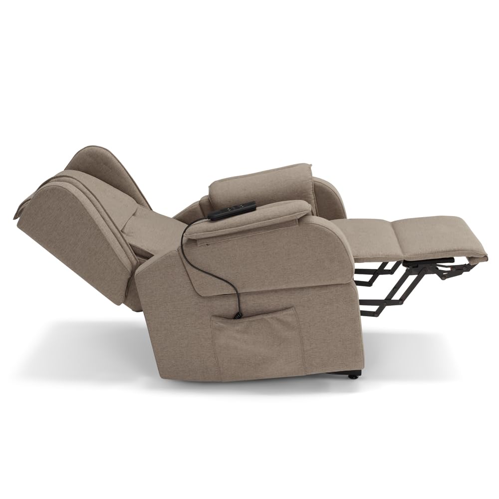 Poltrona relax elettrica Berlino per anziani, 2 motori, 4 ruote, tessuto antimacchia, alzapersona, kit optional batteria, braccioli estrabili e tavolino opzionale (4 Ruote + Tavolino, Tortora)