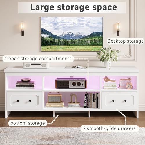 IRONCK TV Stand for 75 Inch TV, 71" LED Entertainment Center with Storage Cabinets, Power Outlets and Open Shelf, Media Console TV Cabinet with Drawers for Living Room, White