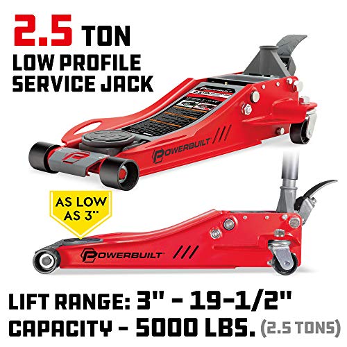 Image of Powerbuilt 2.5 Ton Low Profile Fast Lift Floor Jack - Heavy Duty Dual Piston Quick Pump, 3 inch to 19.5 inch Lift Range for Cars, Trucks, SUVs - Precision Foot Pump, Wide Saddle - 240076