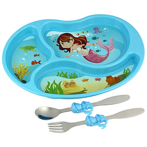 mermaid dish set - Kids Divided Plate with Utensils - Children's Meal Set with Plate, Fork and Spoon - Mermaid