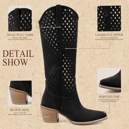 Cowboy Knee High Boots Cutouts Chunky Block Stacked Heel Western Cowgirl Tall Boot for Women Pointed Toe Fashion Vintage Long Booties Pull on4