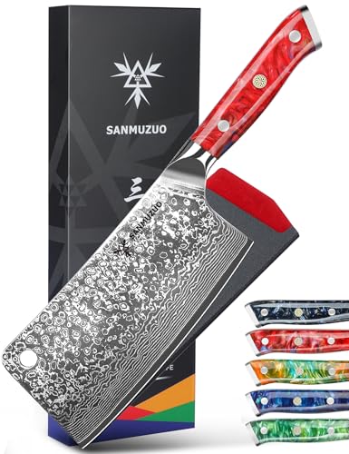 SANMUZUO Chopping Knife - 7 inch Cleaver Knife- Xuan Series - 67 Layers Damascus Steel Kitchen Knife - Resin Handle (Sunset Red)