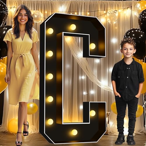 Image of Pooqla 4FT Marquee Light Up Letters, Black Large Letter C Party Decorations | LED Marquee Letters 4 Feet Tall, Black Giant Mosaic Letters Gift for Boys Men Birthday Anniversary Wedding Decoration