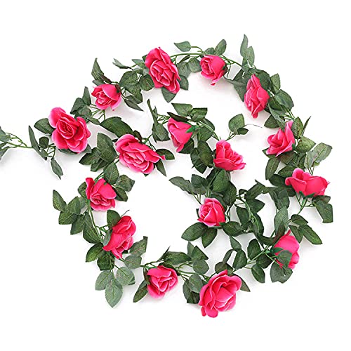 TSHAOUN 2 Pack Artificial Rose Vines Garland Fake Flower Plants Arts Hanging Decoration for Outdoor Indoor Home Kitchen Garden Office Wedding Ceremony Hotel Party 2 x 7.5 FT (Rose Red) - Image 2