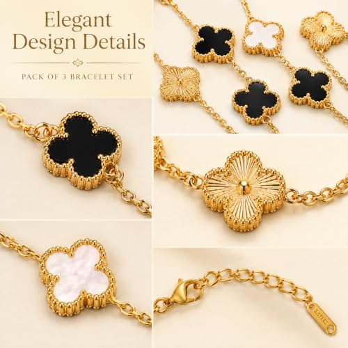 Image of Bracelet for Girls and Women, Gold Tone Adjustable Chain with Black, White and Textured Clover Charms, Fashion Wrist Jewellery Set for Party, Casual Wear and Gifting, Pack of 3