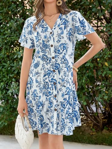 Image of Imysty Womens Polka Dot V Neck Button Down Ruffles Loose Mini Short T-Shirt Dress