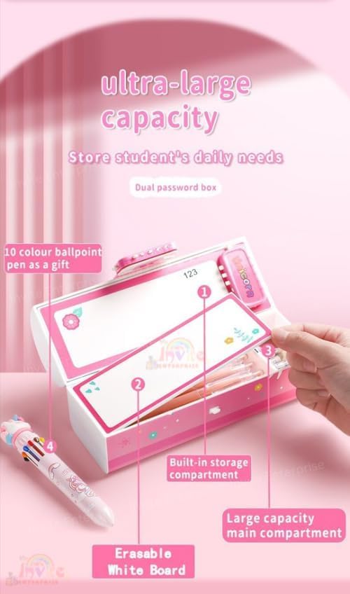 Image of Invite New Cartoon Theme Pencil Box with Push Pull Eraser Set for Kids | Suitcase Style Password Lock Stationery Organizer | School Supplies Gift Combo for Boys & Girls (Pink Unicorn + Eraser)