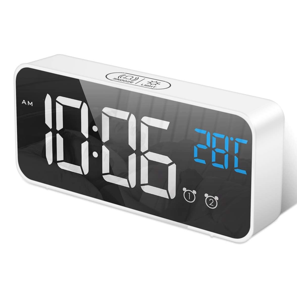 Reloj Despertador Digital con Gran Pantalla de Temperatura LED, Alarma de Espejo portátil con Doble Alarma Roupillon Tiempo atenuador de Brillo Ajustable en 4 Niveles (Blanco)