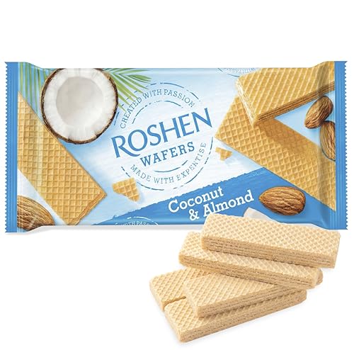 Roshen Coconut & Almond Wafers – Crispy Wafer Cookies with Creamy Coconut Filling & Roasted Almonds, European Chocolate Snack, Approx. 12 Individually Wrapped Wafers, Family Favorite Treat
