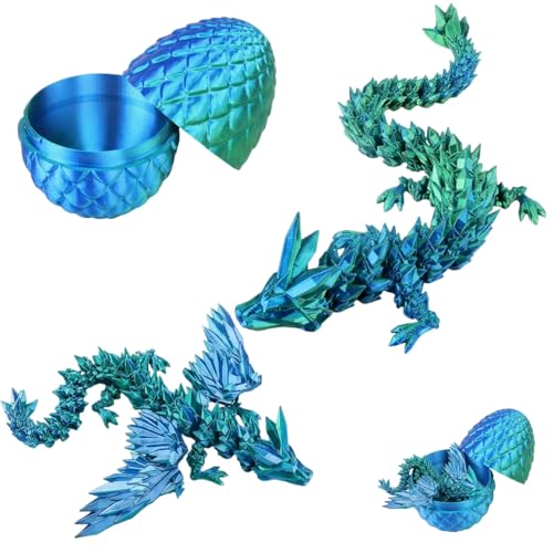Image of 2 PCS 3D Printed Dragon, 3D Dragon Eggs with Dragon Inside, Dragon Eggs Collection for Display, 13 cm Blue Green Egg with 30 cm Blues Green Crystal Dragon and 22 cm Blue Green Flying Dragon