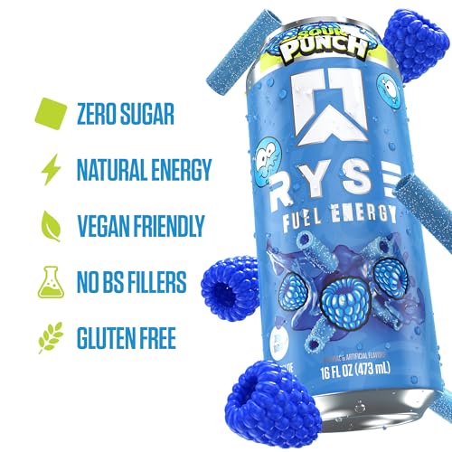 Image of RYSE Fuel Energy Drink - Sour Punch Blue Raspberry - Sugar Free, Gluten Free & Vegan - 200mg Natural Caffeine, Taurine & Choline for Focus & Energy - No Artificial Colors - 16 fl oz Cans (12-Pack)