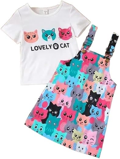 Kids Girls Cat Printed Multicolour Dungaree Dress Set