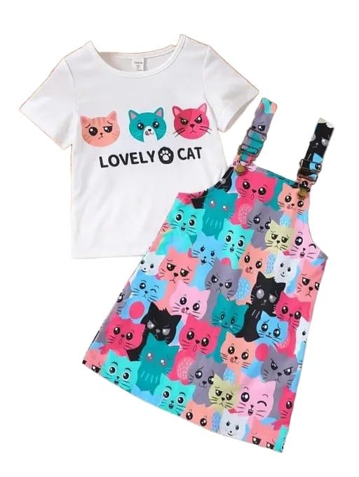 Kids Girls Cat Printed Multicolour Dungaree Dress Set - Review, Price and Buying Guide