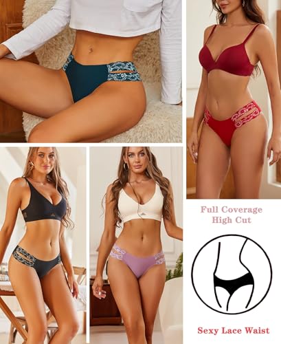 FINETOO Seamless Underwear for Women Cheeky Bikini Panties High Cut V-waist Lace Underwear Women Cute Bikinis 6 Pack2