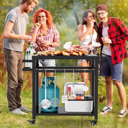 Image of 20 inchx32 inch Double-Shelf Grill Table Movable Grill Cart, Outdoor Food Prep and Pizza Oven Table, Grill Stand Fits Blackstone Griddle 17 inch 22 inch