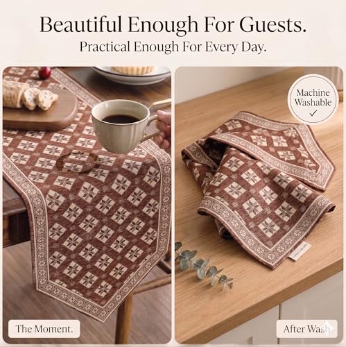 Image of Premium Dining Table Runner | Washable Farmhouse Style Heat Resistant Table Cover for 4 & 6 Seater | Elegant Home & Coffee Table Decor | Soft Viscose Rayon & Cotton | 13x72 Inch | Brown