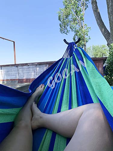 GOCAN Brazilian Double Hammock 2 Person Extra Large 220x160cm Total Length 330cm Load 300kg Canvas Cotton Hammock for Patio Porch Garden Backyard Lounging Outdoor and Indoor(Blue/Green) XXL