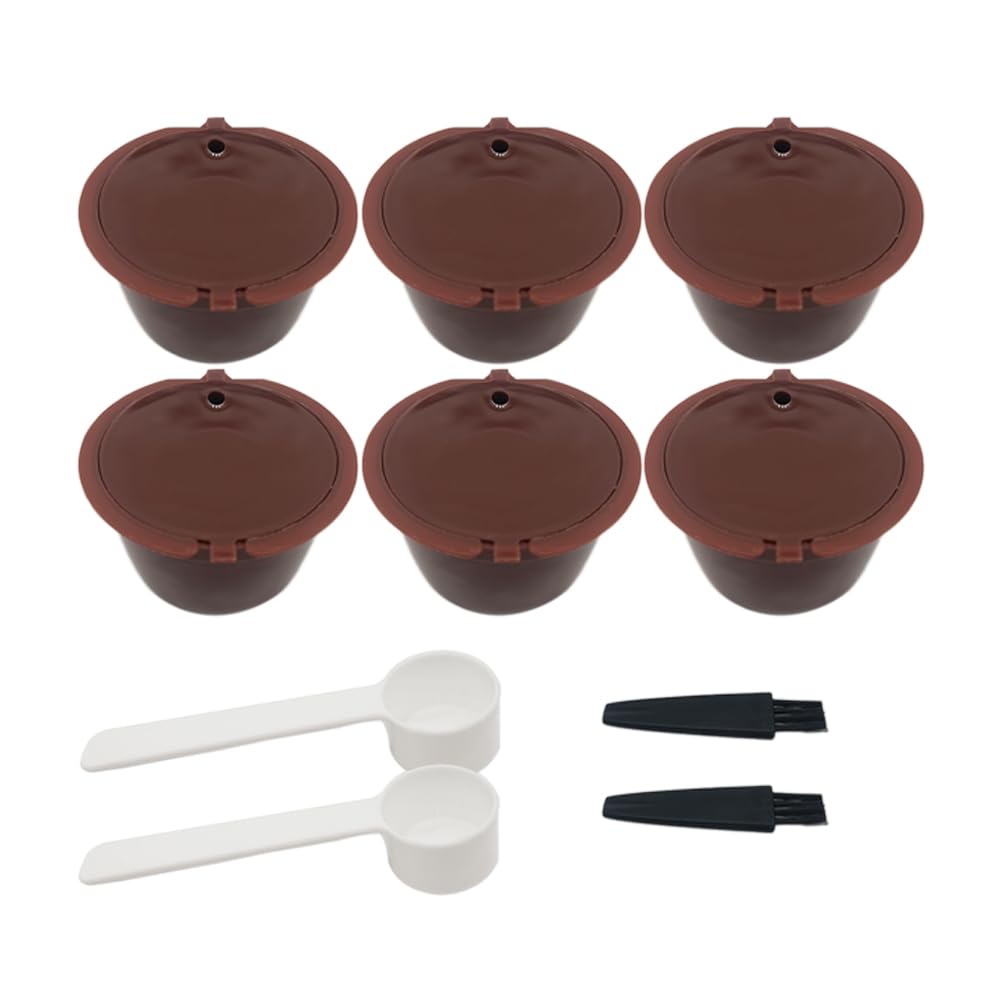Filtro reutilizable capsulas de cafe recargables en 6pcs + 2 cucharas + 2 cepillos colador de cafe apto para la mayoría de cafeteras (marrón)