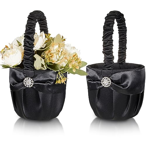 Suttmin 2 Pcs Wedding Black Flower Girl Basket Flower Basket for Wedding Ceremony Satin and Rhinestone Flower Basket with Handle for Banquet Home Party Collection Daily Use Supplies(Snowflake)