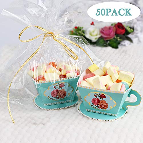 AerWo 50pcs Teacups Candy Boxes, Tea Party Birthday and Baby Shower Favor Box, Cute Tea Candy Boxes for Tea Time Party and Wedding Decoration (Green)