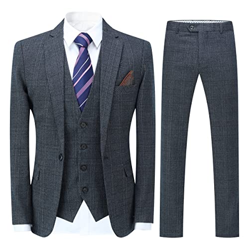 Allthemen Costume Homme Slim Fit à Carreaux Costumes 3 pièces Smoking Vintage Casual pour Mariage Bleu M Cover
