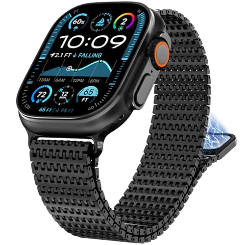 Image of WINGLE Magnetic Mesh Loop for Apple Watch Band Ultra 3 /2 /1 49mm 46mm 45mm 44mm 42mm Men Series 11 10 9 8 7 6 5 4 3 2 1 iWatch SE 3 /2 /1, Stainless Steel Adjustable Metal Magnetic Buckle Strap, Black