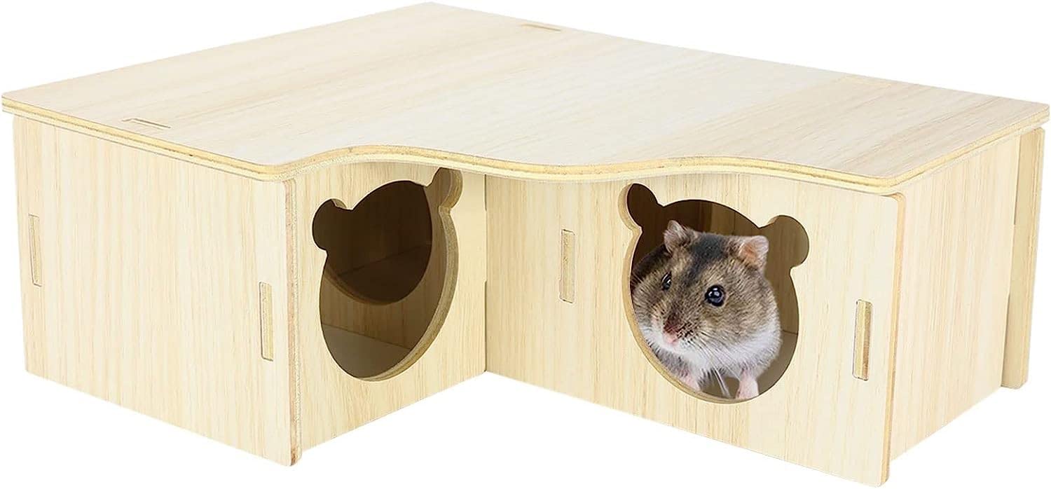 Uneako Natural Wood Multi-Chamber Hamster House Maze, 3-Room Hideouts, Wooden Hamster Maze & Tunnel Exploring Toys, Dwarf Hamster House Habitats Decor For Hamster Mice Gerbils Lemmings