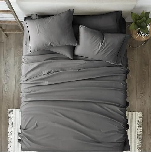 Split Head Bed Sheet Set King 4 Pcs - Adjustable Split-King Size Dark Grey Solid 100% Cotton Sheets 400-Thread-Count - Split Head Sheets - Split Down 34 Inches From The Top #TOP1