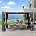 Domi 10’ x 13’ Louvered Pergola with Adjustable Rainproof Roof, Outdoor Aluminum Frame Hardtop Gazebo for Backyard, Garden and Lawn w/Netting (Dark Gray)