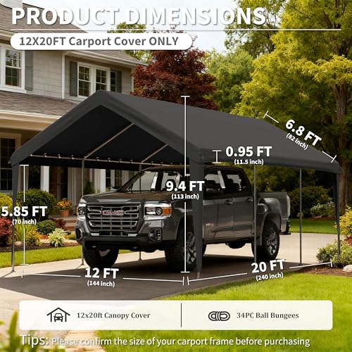 Pakunoda Carport Replacement Canopy Cover 12'x20' for Tent Top Garage Shelter Cover, 800D Heavy Duty Oxford Waterproof & UV Protected Car Canopy Tarp with Ball Bungees (Frame is not Included) by Pakunoda - Image 3
