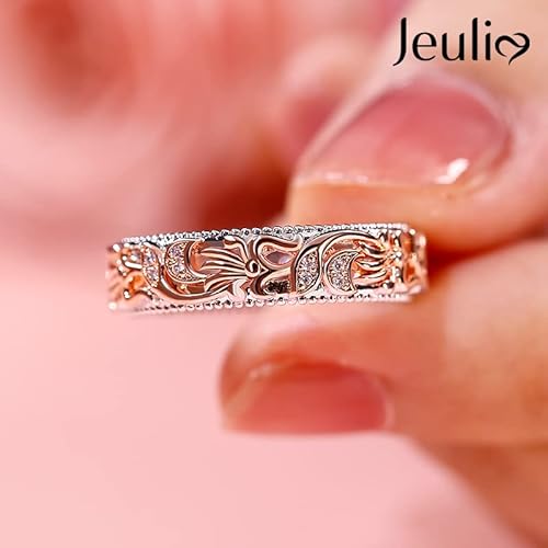 Jeulia Floral Ring Band Sterling Silver Two Tone Leaf Carved Vintage Unique Hollow Flower Rose Gold Jewelry Engagement Wedding Bridal Sets Stackable Anniversary Promise With Gift Box (Floral, 6.5) #TOP2
