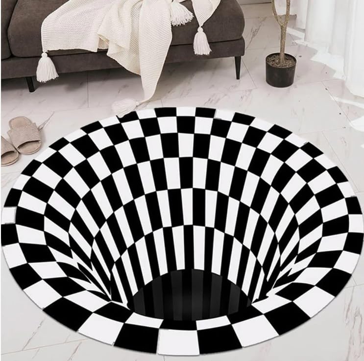3D Vortex Illusion Round Area Rug, Black and White Checkered, Non-Slip, 78 cm, for Living Room, Bedroom-image-16