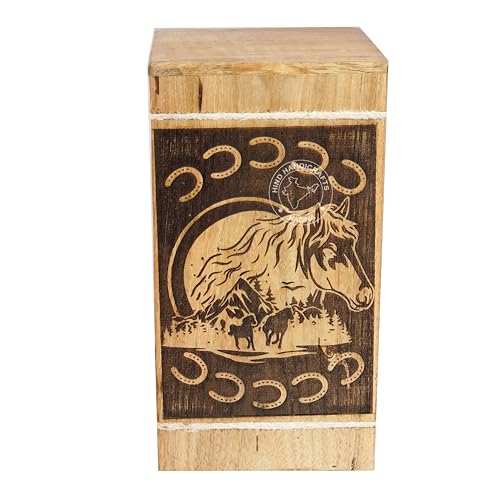Image of Handcrafted Floral Engraved Wooden Urns for Human Ashes Adult Large - Cremation Urn for Ashes - Burial Urn for Columbarium - Funeral Urn Box (Horse 3, 250 LB - Hardwood)