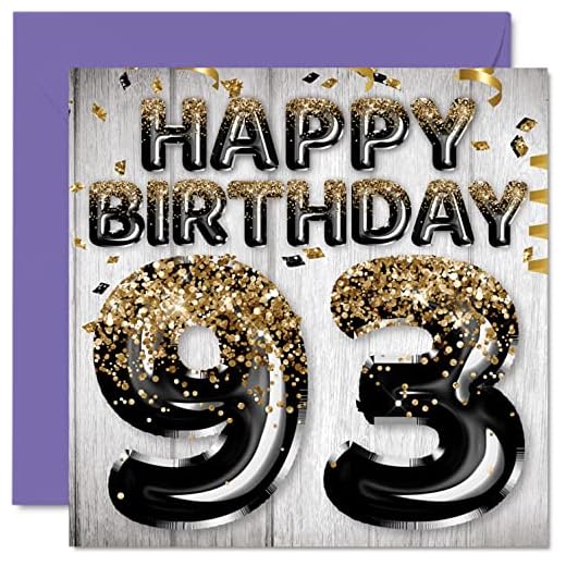 Tarjeta de cumpleaños 93 para hombre, globos con purpurina negra y dorada, 145 mmx145 mm, noventa y tres noventa y terceros tarjetas de felicitación regalo