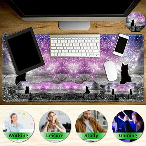 Cgfghhuy Desk Mat 35.4" X 15.7" Gaming Mouse Pad Wrist Support & Keyboard Wrist Rest Set With Non-Slip Base And Memory Foam Office Supplies 4 Pcs Set For Home Office Study Gaming - Galaxy Cute Cat #TOP4