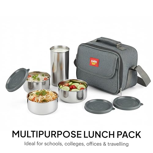 Image of CELLO MF Fab Lunch Box with Bag for Office Use, Grey | 315 ml x 4 Stainless Steel Containers with 510 ml Steel Tumbler, Airtight Leak Proof Easy to Carry with Strap Tiffin Box for Travel & Daily Use