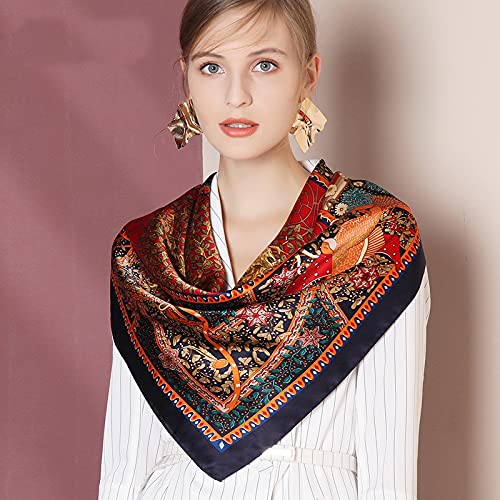 Andantino 100% Pure Mulberry Silk Scarf 43" Large Square Lightweight Headscarf& Shawl–Women Hair Wraps-With Gift Packed (Navy Plant World) #TOP2