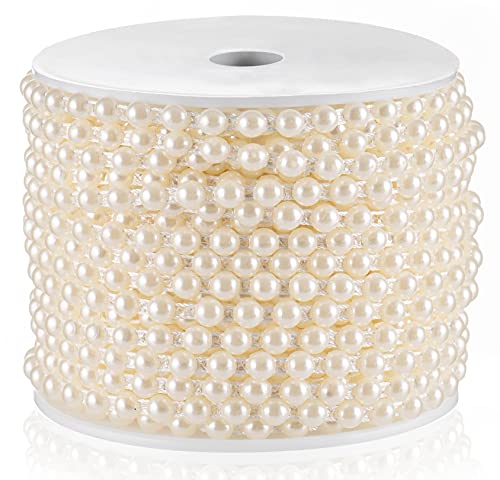 Flat Pearl Garland String 27 Yards, 6MM Half-Round Beaded Spool Roll Crafts for Wedding Decoration (Ivory)