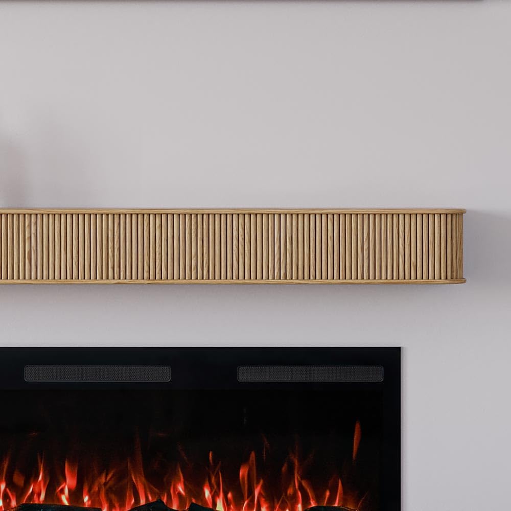 Modern Ember Alfama 72 Inch Fireplace Wood Mantel Shelf with Fluted “Reed” Details in Blonde | Natural White Oak Wood | Stained Finish | DIY Mounting Hardware Included | 72" W x 6" H x 8" D
