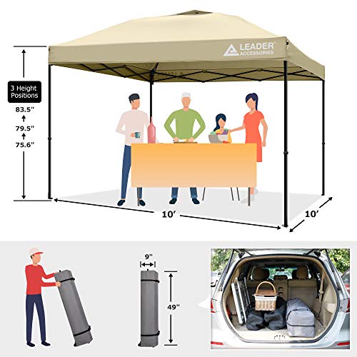 Leader Accessories Beige Pop-Up Canopy Tent 10'X10' Canopy Instant Canopy Straight Leg Shelter With Wheeled Carry Bag, With 4Pcs Sandbags #TOP1