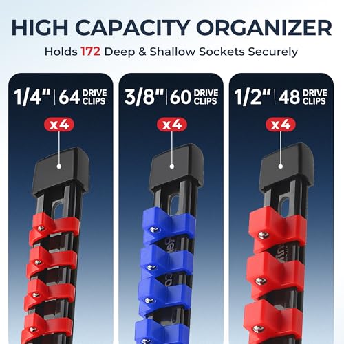 Image of Reniteco 12-Pack Socket Organizer Set, 1 /4 inch x 64 3 /8 inch x 60 1 /2 inch x 48 Clips | 172 Clip Capacity, Havy-Duty ABS Socket Rails, Removable Clips, Drive Socket Storage, Toolbox Drawer or Wall Mount
