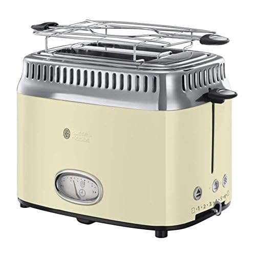 Russell Hobbs Tostadora Retro - 2 Ranuras Cortas y Anchas, Tostador para 2 Rebanadas, Bandeja Recogemigas, Calientapanecillos, Función Descongelar, Diseño Vintage, Acero Inoxidable, Crema - 21682-56