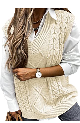 Pulls sans Manches Gilet Tricoté Veste Chaud Chandail Débardeur Tank Top Crop Sweater col V Oversize Pullover Tops Câble Tricots Décontracté Automne Hiver Filles Femmes,Beige1 M Cover