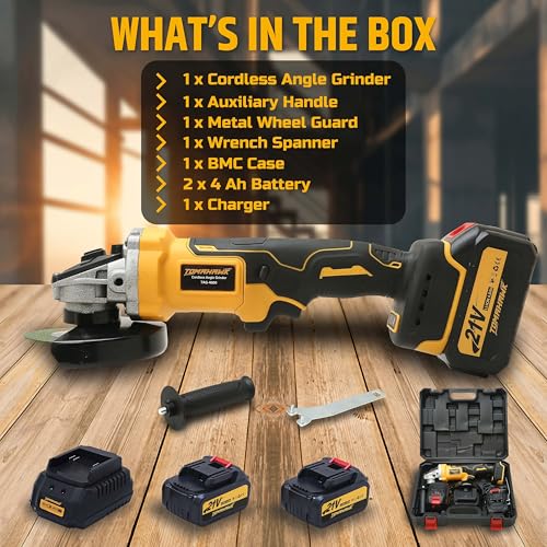 Image of TOMAHAWK 21V Brushless Cordless Angle Grinder TAG-4000, 8500RPM-Brushless Motor- 115mm- 4.0Ah Li-ion with fast charger-Variable Speed Control & Battery Indicator for Precision Grinding