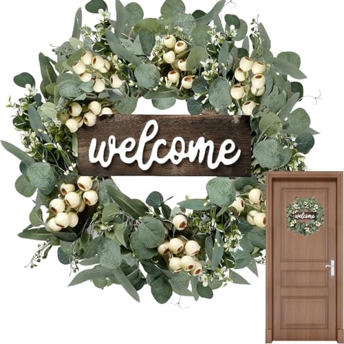 Corona de eucalipto artificial de 20 pulgadas para la puerta principal, corona de puerta para Navidad grandes coronas de hojas verdes con bayas, decoración navideña para interiores y exteriores,