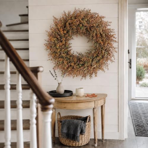 Image of 32 inchArtificial Eucalyptus Wreath with Seed for Front Door Decor(Fall Orange) | Large Size, Fake Autumn Plant Wreath, UV-Resistant, for Outdoor,Front Porch,Window,Farmhouse,Home,Harvest Day,Wall Decoration